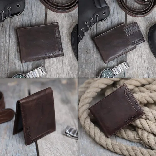 Vista 5 de REAGO Cartera de bloqueo RFID de cuero genuino para hombres con ventana de identificación doble