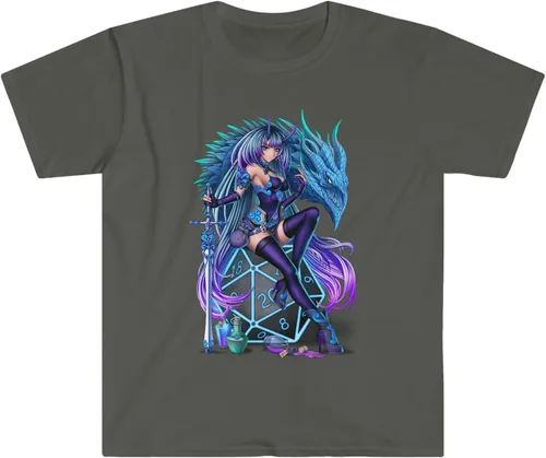 Vista 5 de Camiseta inspirada en Calabozos y Dragones Anime Girl- Camiseta exclusiva de manga corta RPG Gamer - Negro, Gris Blanco