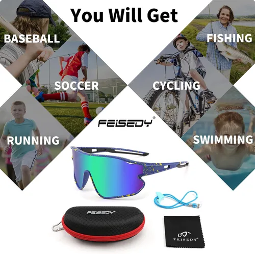 Vista 6 de FEISEDY Gafas de sol unisex para jóvenes, gafas de sol de béisbol y tenis, UV400 deportivas para niños y niñas, pantallas de ciclismo B4064