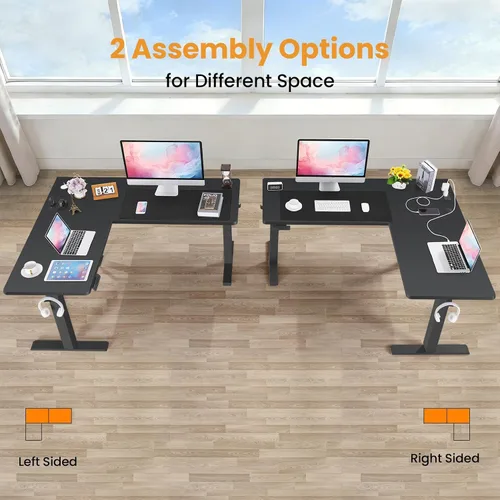 Vista 7 de 63” L Shaped Standing Desk with Charging Station,Supports Left and Right Swapping,Electric Height Adjustable Corner Stand Up Desk.Free Hook