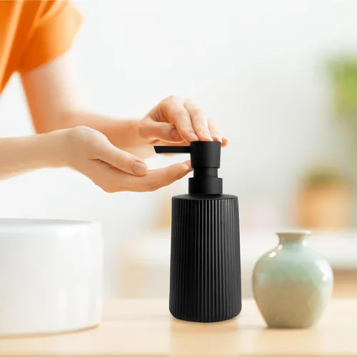 Vista 5 de Dispensador de Jabón de Vidrio para Baño, Dispensador de Jabón de 250ml/8.5oz para Cocina con Bomba, Dispensador de Jabón de Mano Estilo Rayas