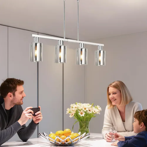 Vista 6 de Iluminación de isla de cocina de 4 luces, lámpara cromada para comedor, luz de isla para colgar sobre la mesa para candelabros lineales de granja