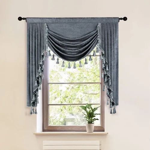 Vista 54 de ELKCA Cenefa de cortina de felpilla beige para ventana de sala de estar, cenefa de cascada para dormitorio, bolsillo para barra