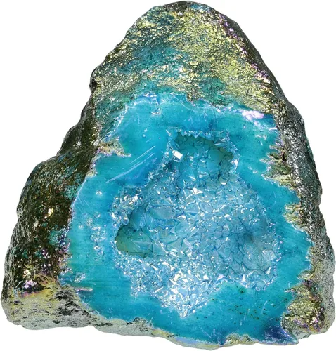 Vista 8 de TUMBEELLUWA Decoración de piedra de geoda de cristal con revestimiento de titanio irregular, espécimen de racimo de roca de arco iris natural