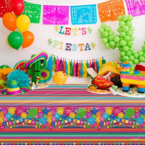 Vista 7 de Mantel de plástico para fiesta mexicana, 4 unidades, diseño de flores de papel a rayas mexicanas, decoración rectangular para fiesta de taco