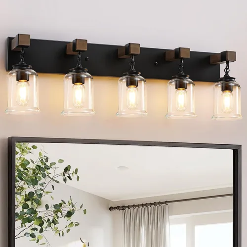 Vista 9 de VbiTmn Accesorios de Iluminación para Baño Estilo Granja, Lámpara de Tocador para Baño de 2 Luces Negro Mate, Estilo Industrial con Pantallas