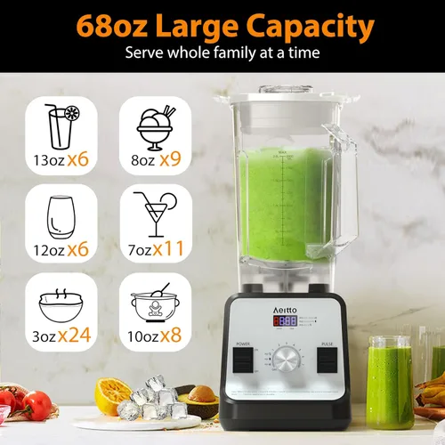 Vista 2 de Aeitto Licuadora para cocina, licuadora profesional de gran capacidad de 68 onzas, licuadora de batidos de 1500 vatios para triturar hielo, bebidas