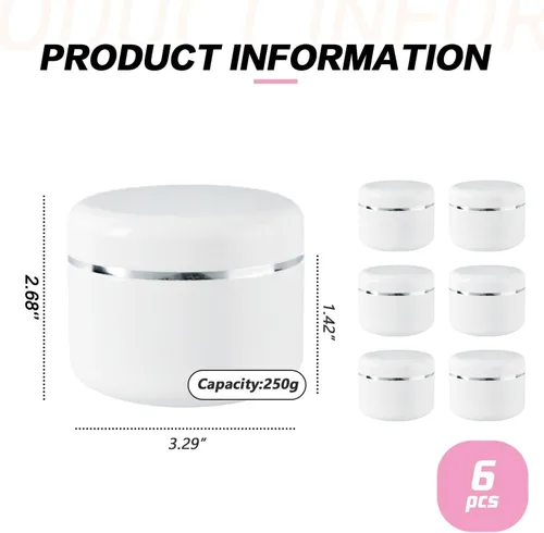 Vista 2 de 6 unids 8 oz 8.5 fl oz tarros cosméticos de plástico blanco con tapas de cúpula revestimientos interiores Refillable plastic storage pots hold
