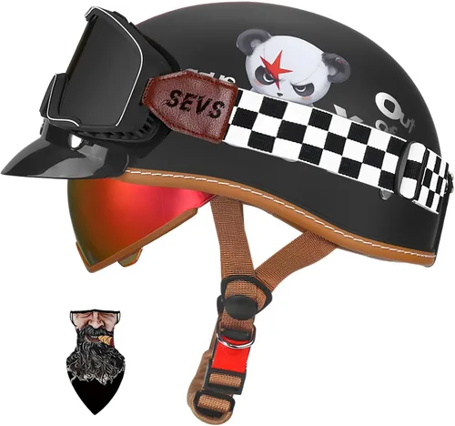 Vista 17 de Casco Moto Retro Jet para hombres y mujeres Homologado DOT, Medio Casco ABS, Ventilación Doble, Visera Retráctil y Forro Desmontable Fresco