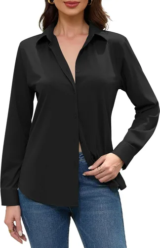 Vista 4 de Camisas sin planchado y sin arrugas para mujer, con botones, de manga larga, de seda de morera, blusas casuales para el trabajo