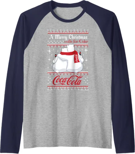 Vista 5 de Coca-Cola Camiseta de béisbol raglán Polar Bears A Merry Christmas Calls For Coca-Cola, Negro, S Jaspeado Negro/Atlético