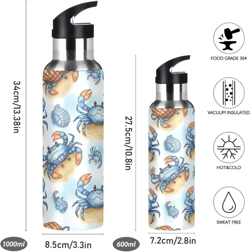Vista 2 de Stainless Steel Vacuum Insulated Water Bottle 20 Oz, Leakproof Water Bottles for Gym Outdoor Travel School, Cute Blue Crabs Cartoon