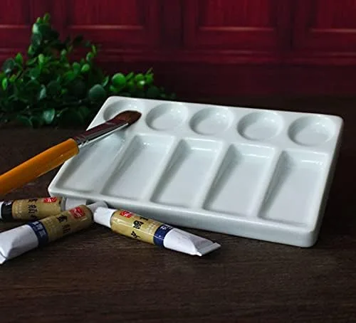 Vista 4 de Bandeja de paleta de acuarela de 10 pozos rectángulo blanco de cerámica para artista, paleta de pintura de acuarela de porcelana para acuarela