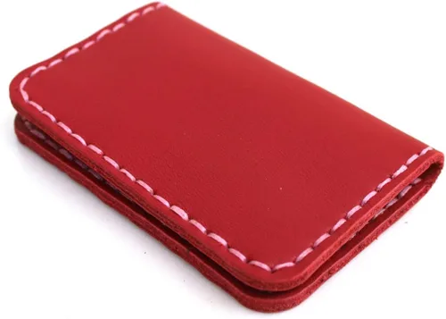 Vista 3 de Cartera de cuero genuino tarjetero MinimalistFolding Card Case Bolsillo frontal Paquete de tarjetas de artesanía rojo