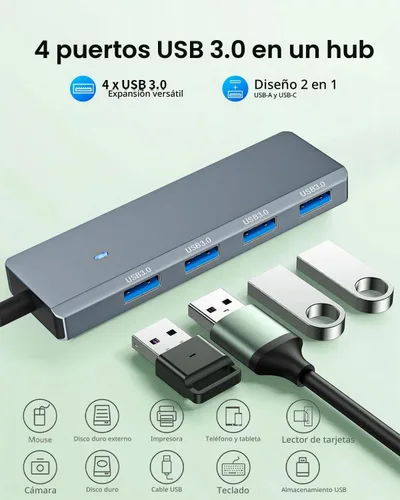 Vista 2 de Hub USB 3.0 4 puertos con USB-A/C, adaptador de aluminio de transferencia Gris
