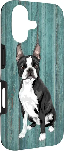 Vista 3 de Boston Terrier Faux Blue Wood Background Case for iPhone 17