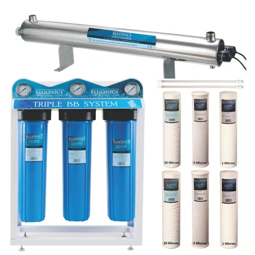 Vista 10 de Bluonics Sistema de Purificador de Agua con Luz UV Ultravioleta de 110W, Filtro de Agua para Pozo con Sedimentos y Carbón y Puertos NPT de 1", 24