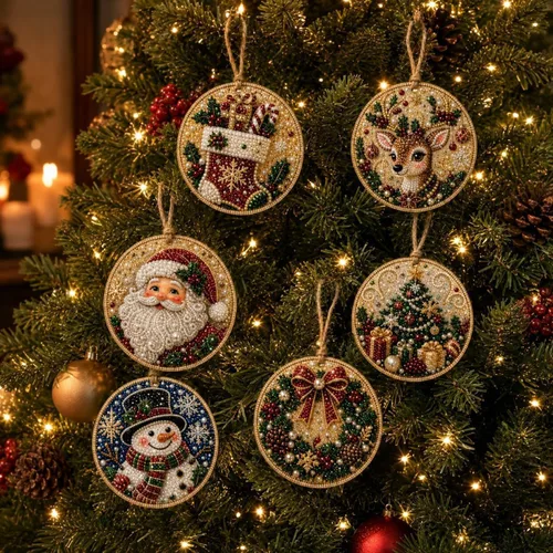 Vista 10 de GOJXDNE 6 adornos de arte de diamantes de Navidad, kit de manualidades de Bases de madera preperforadas con perlas en forma de gemas de resina