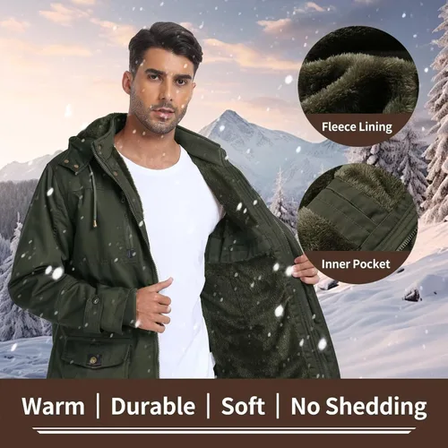 Vista 4 de Chaquetas gruesas de invierno para hombre, con forro polar, chaquetas gruesas con capucha, chaquetas de trabajo, abrigo de algodón militar