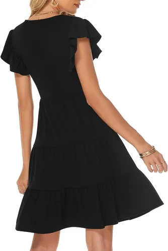 Vista 2 de Lyrur Vestidos de verano para mujer, para invitados de boda, con mangas con volantes, mini escalonados, estilo casual, playa, color negro, vestidos