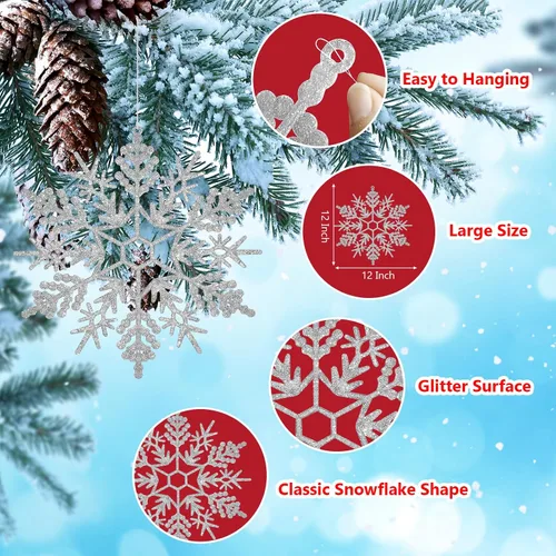 Vista 4 de Adorno de copos de nieve grandes de AORZIT de 12 pulgadas, adornos de Navidad de gran tamaño con purpurina, decoraciones gigantes de copos de nieve