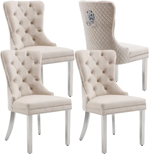 Vista 13 de KCC Juego de 2 sillas de comedor de terciopelo, sillas modernas copetudas Patas de acero inoxidable beige++ plata