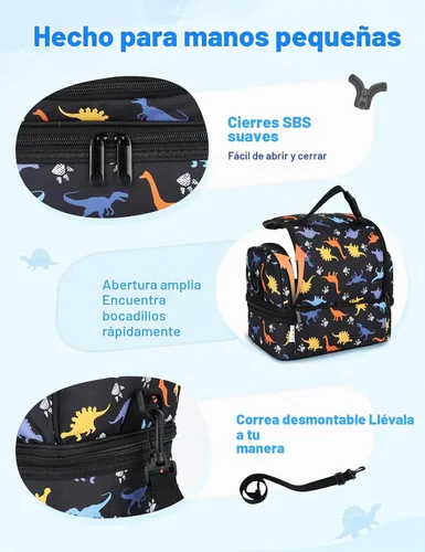 Vista 5 de VASCHY - Lonchera para niños, bolsas de almuerzo aisladas de dos compartimentos para niños y niñas con correa para el hombro para la escuela Dinos