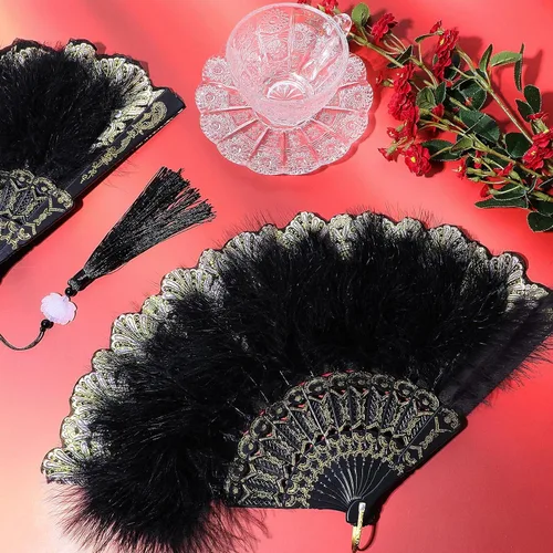 Vista 4 de Namalu - Abanico de plumas bordado, 2 piezas, diseño de marabú de los años 20, plegable, drag queen para mujeres de los años 20, disfraz de fiesta