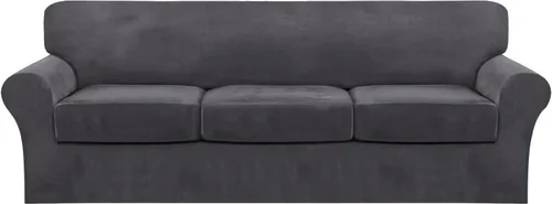 Vista 29 de FantasDecor Fundas de terciopelo para sofá de 2 piezas para sala, con cojín individual, protector elástico de muebles para mascotas, lavable a Negro