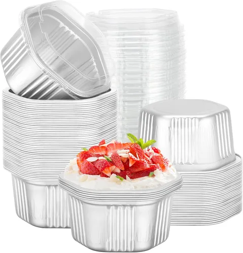 Vista 23 de Beasea Tazas desechables para hornear con tapas, juego de 50 unidades, 13.5 oz 400 ml, ramekins de aluminio con tapa de papel de aluminio, moldes