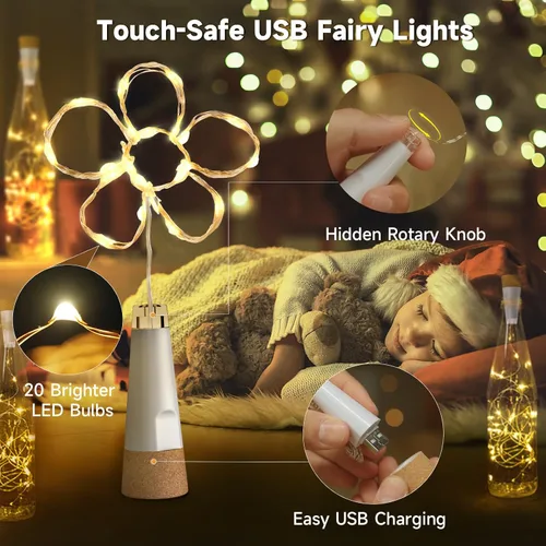 Vista 2 de Luces para botellas con corcho, luz recargable por USB, para botella de vino, funciona con pilas, guirnalda de luces mejoradas 2025