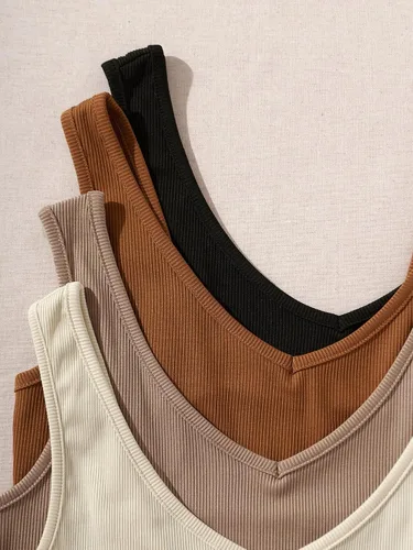 Vista 3 de Milumia Conjunto de 4 camisetas sin mangas con cuello en V de punto acanalado para mujer