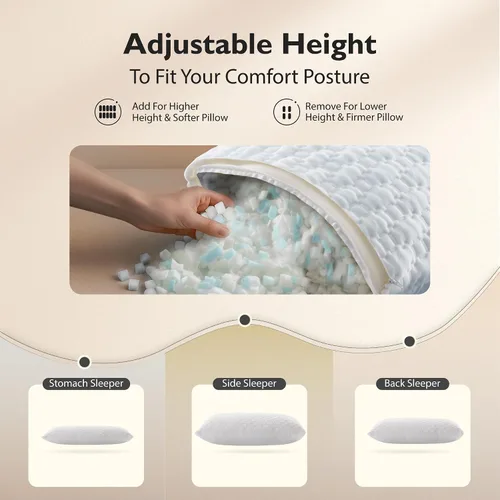 Vista 2 de ALPHA HOME Almohadas tamaño King - Almohada de espuma viscoelástica triturada ajustable para dormir de espalda, de lado y de estómago, alivio