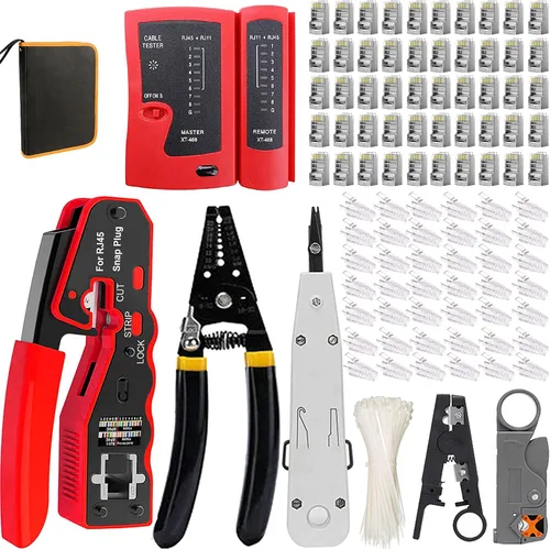 Vista 9 de LEATBUY RJ45 Crimp Network Tool Cat5/Cat5e/Cat6 Crimping Tool Set for RJ11/RJ12 for Regular End-Pass-Through with 50PCS Connectors, Network Tool Set