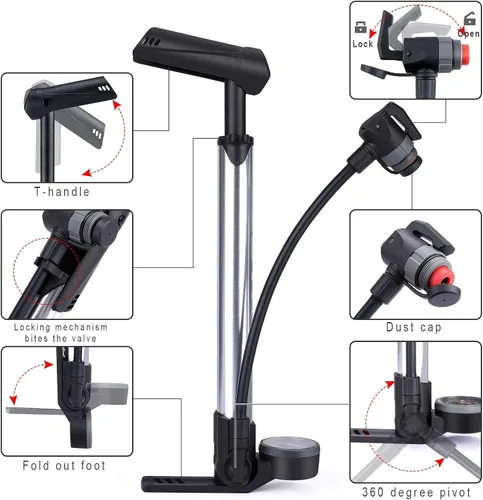 Vista 3 de Mini bomba de bicicleta con medidor – Bomba portátil para neumáticos de bicicleta – Bomba de aire de bicicleta de 120 PSI se adapta a Presta &
