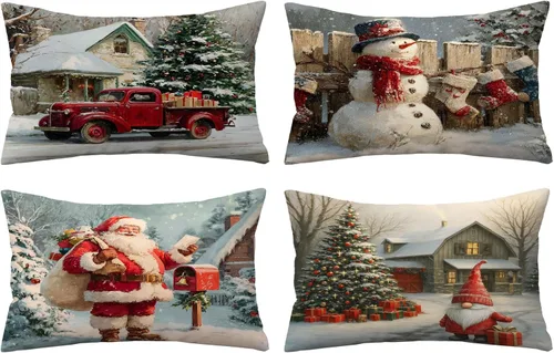 Vista 8 de Fundas de Almohada Feliz Navidad 12x12 Juego de 4 Fundas de Almohada de Terciopelo de Navidad Rosa Navidad Invierno Vacaciones Fundas de Almohada