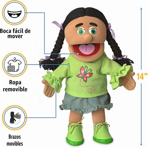 Vista 3 de Jazmín de 14", niña hispana, marioneta de mano