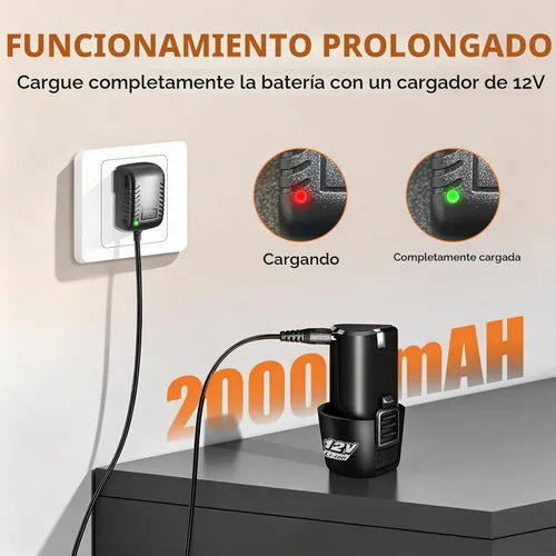 Vista 6 de Juego de Taladro Inalámbrico 12V, Kit de Taladro con Batería y Portabrocas sin Llave de 3/8 Pulgadas, 2 Velocidades Variables y 43 Piezas de Brocas