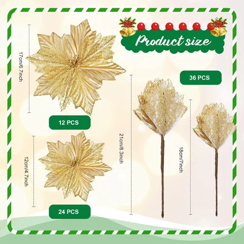 Vista 3 de Sratte El juego de 38 piezas de decoraciones navideñas incluye falda de árbol de lentejuelas, estrella para árbol y flores de Navidad artificiales