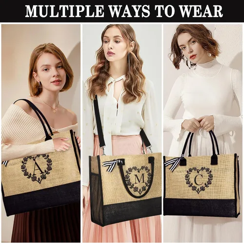 Vista 2 de Initial Jute Tote Bag for Women Beach Bag Tote with Zipper Adjustable Strap Bridesmaid Gifts Birthday Gifts for Women