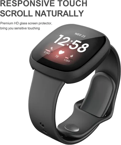Vista 7 de Mugust Protector de pantalla para Fitbit Sense/Versa 3 - HD vidrio templado sensible al tacto cubierta de policarbonato duro: negro completo