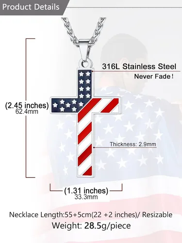 Vista 6 de U7 Collar de bandera estadounidense, colgante de águila de Estados Unidos, colgante de cruz de bandera estadounidense, joyería patriótica