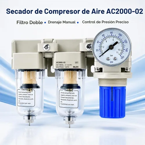 Vista 2 de BLCH Compresor de Aire Secador 1/4" NPT - Filtro Doble Compresor de Aire Regulador Compresor de Aire AC2000-02 Vaciado Manual Vaso de Polietileno