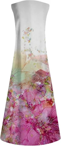 Vista 3 de Vestidos largos de verano para mujer, con cuello en V, sin mangas, con estampado de color, sin mangas, para verano