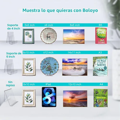 Vista 3 de Boloyo Soporte de Libro de Acrílico con Ala, 4 piezas, soporte de caballete de acrílico transparente de 4 pulgadas, soporte de exhibición