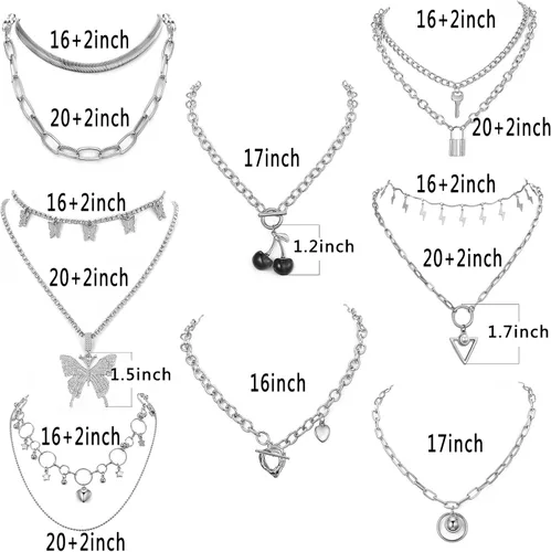 Vista 7 de Juego de 8 collares de cadena en tono plateado y dorado para mujeres, adolescentes y niñas y niños, collar colgante en capas con diseño multicolor