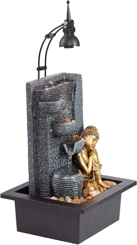 Vista 6 de Kneeling Gold Buddha de 17 pulgadas de alto, pequeña fuente de mesa de piedra sintética para interiores y exteriores, fuente de mesa de piedra