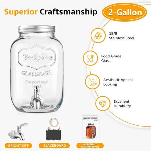 Vista 5 de Dispensador de bebidas de vidrio de 2 galones, grifo y tapa de acero inoxidable 18/8 - Dispensadores de bebidas de vidrio para fiestas