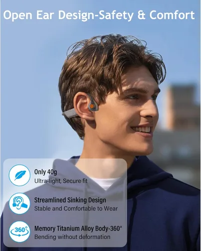 Vista 8 de MONODEAL Auriculares de conducción ósea con micrófono, auriculares de oído abierto, inalámbricos, Bluetooth 5.1/función de silencio/capacidad