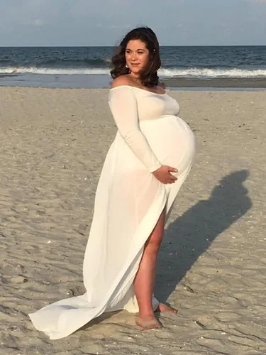 Vista 5 de YnimioAOX Vestido de maternidad de manga larga con hombros descubiertos para fotografía vestido de maternidad de gasa para sesión de fotos